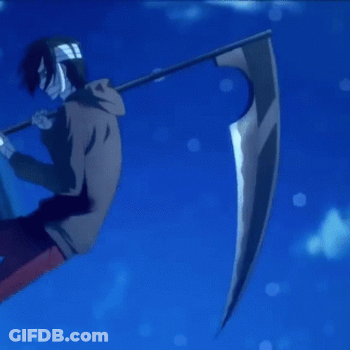 A Man Is Holding A Scythe Next To A Woman GIF