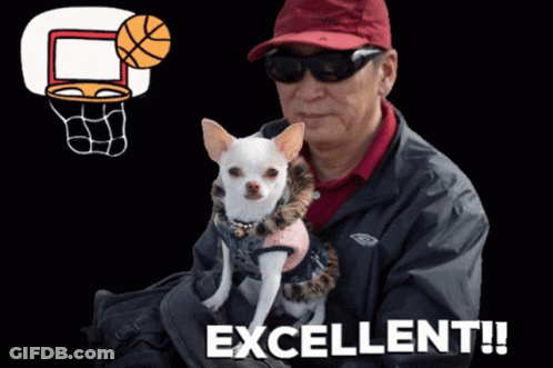 A Man Is Holding A Small White Dog With The Words Excellent Written On The Bottom GIF