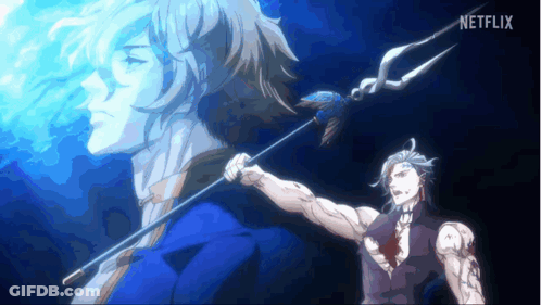 A Man Is Holding A Spear And Another Man Is Holding A Spear In A Dark Room . GIF