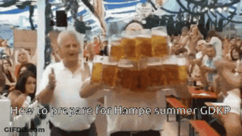 A Man Is Holding A Stack Of Beer Mugs With The Words How To Prepare For Hampe Summer Gdkp On The Bottom GIF