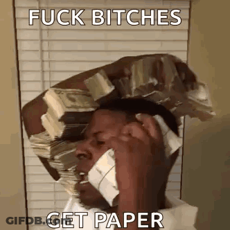 A Man Is Holding A Stack Of Money On His Head While Talking On A Cell Phone . GIF