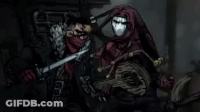A Man Is Holding A Sword And A Woman Is Holding A Guitar In A Dark Room . GIF