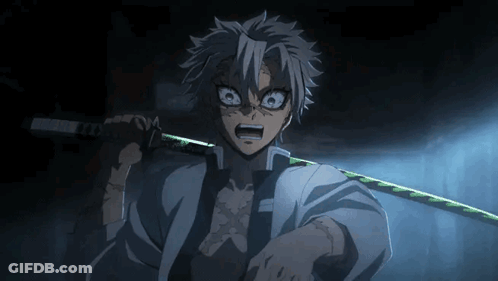 A Man Is Holding A Sword In A Dark Room . GIF