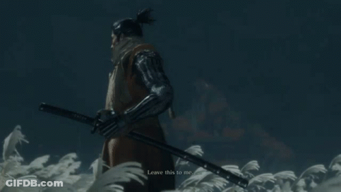 A Man Is Holding A Sword In A Field With A Full Moon In The Background GIF
