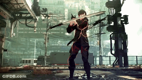 A Man Is Holding A Sword In A Video Game With A Sign That Says ' Samurai ' On It GIF