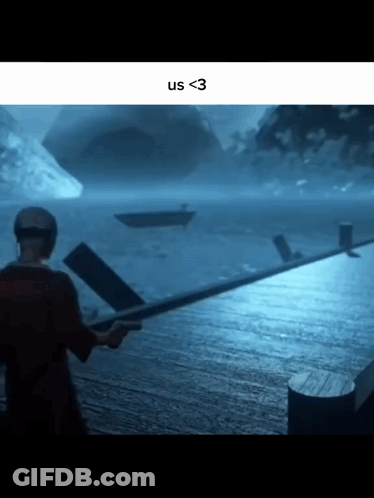 A Man Is Holding A Sword In Front Of A Body Of Water With A Boat In The Distance . GIF