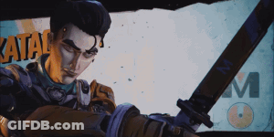 A Man Is Holding A Sword In Front Of A Poster That Says Katana GIF