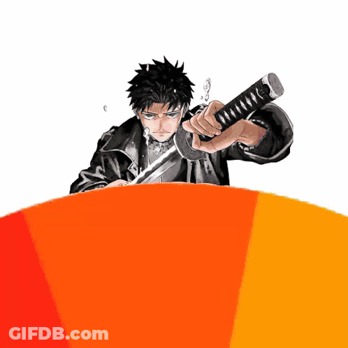 A Man Is Holding A Sword In His Right Hand GIF