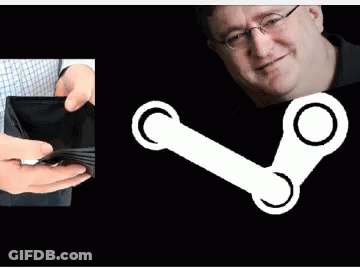 A Man Is Holding A Wallet Full Of Money Next To A Steam Icon GIF