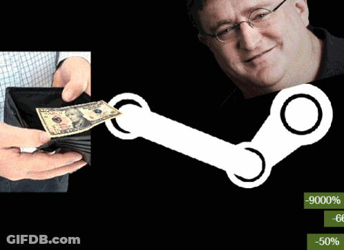 A Man Is Holding A Wallet Full Of Money With A Steam Logo Behind Him GIF