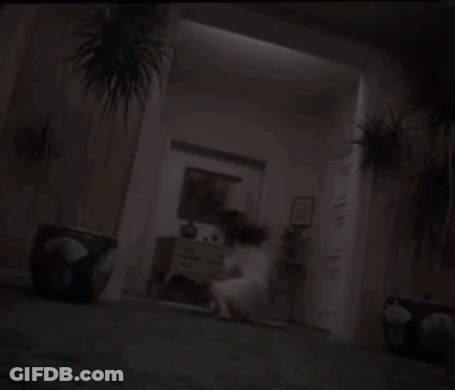 A Man Is Holding A Woman In His Arms In A Dark Room In A Horror Movie . GIF