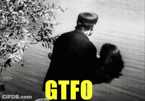 A Man Is Holding A Woman 'S Head In Front Of A Body Of Water And The Word Gtfo Is On The Bottom GIF