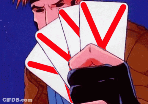 A Man Is Holding Four Playing Cards With Red Stripes GIF