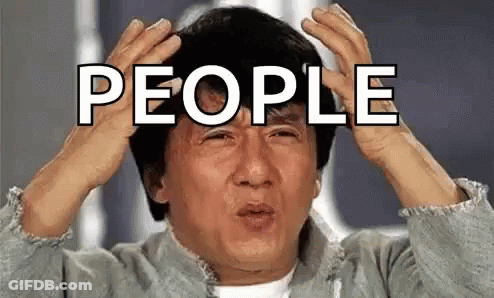 A Man Is Holding His Head With His Hands And The Word People Is Written Above Him . GIF