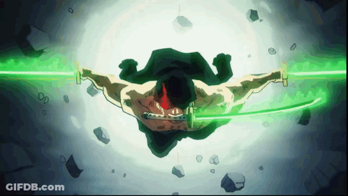 A Man Is Holding Two Green Swords In His Hand GIF