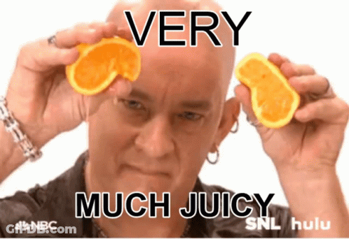 A Man Is Holding Two Slices Of Orange In Front Of His Eyes And The Caption Says Very Much Juicy Snl Hulu GIF