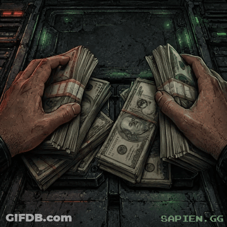 A Man Is Holding Two Stacks Of Money In His Hands With The Words Sapien.gg Below Them GIF