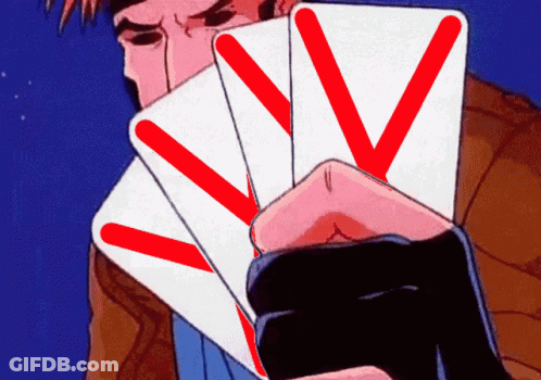 A Man Is Holding Up Four Playing Cards With Red Stripes On Them GIF