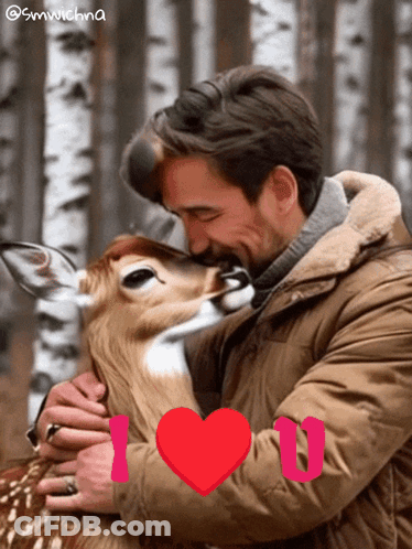A Man Is Hugging A Deer With A Heart That Says " I Love You " GIF