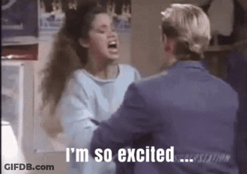 A Man Is Hugging A Woman Who Is Screaming And Saying `` I 'M So Excited ... '' GIF