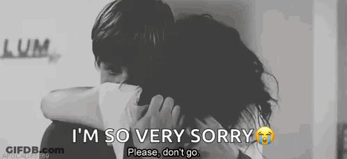 A Man Is Hugging A Woman With The Words I 'M So Very Sorry Please Do N't Go . GIF