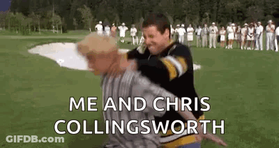 A Man Is Hugging Another Man On A Golf Course And Says `` Me And Chris Collinsworth '' . GIF
