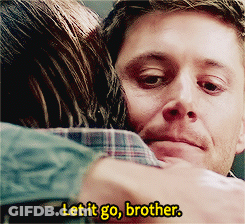 A Man Is Hugging Another Man With The Words Let It Go Brother On The Bottom GIF