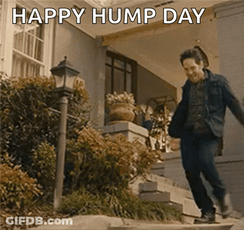 A Man Is Jumping Down A Set Of Stairs With The Words Happy Hump Day Below Him GIF