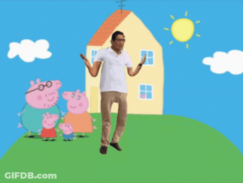 A Man Is Jumping In Front Of A Peppa Pig Drawing GIF