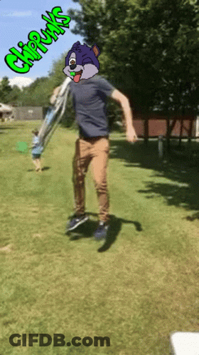A Man Is Jumping In The Air With A Chipmunks Cartoon On His Face GIF