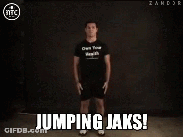 A Man Is Jumping In The Air With The Words Jumping Jaks Written Above Him GIF