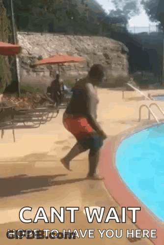 A Man Is Jumping Into A Swimming Pool With The Words Cant Wait Hope To Have You Here Below Him GIF