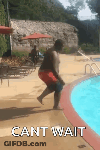 A Man Is Jumping Into A Swimming Pool With The Words Cant Wait Written Below Him GIF