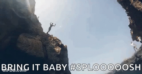 A Man Is Jumping Off A Cliff Into A Cave With The Words `` Bring It Baby '' . GIF