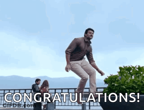 A Man Is Jumping Over A Fence With The Words `` Congratulations '' Written On The Bottom . GIF