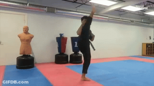 A Man Is Kicking A Punching Bag That Says 1 On It GIF