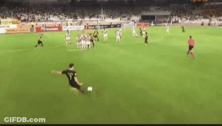 A Man Is Kicking A Soccer Ball On A Soccer Field With A Crowd In The Background . GIF