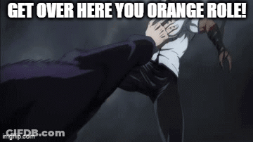 A Man Is Kicking Another Man In The Face With The Words `` Get Over Here You Orange Role '' Written On The Bottom . GIF