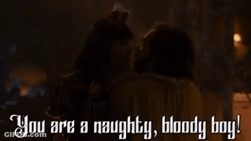 A Man Is Kneeling Down And Saying `` You Are A Naughty , Bloody Boy '' . GIF