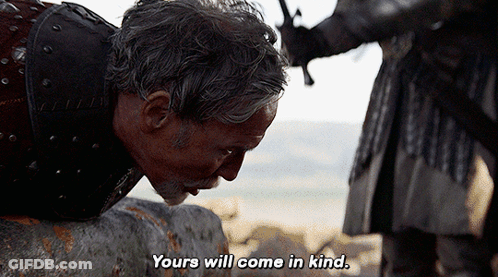 A Man Is Kneeling Down And Saying " Yours Will Come In Kind " To Another Man GIF