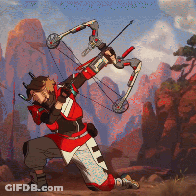A Man Is Kneeling Down Holding A Bow And Arrow With Mountains In The Background GIF