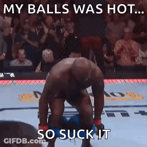 A Man Is Kneeling Down In A Boxing Ring With The Words My Balls Was Hot So Suck It GIF