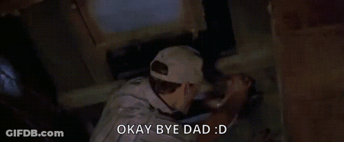 A Man Is Kneeling Down In A Dark Room With The Words Okay Bye Dad GIF