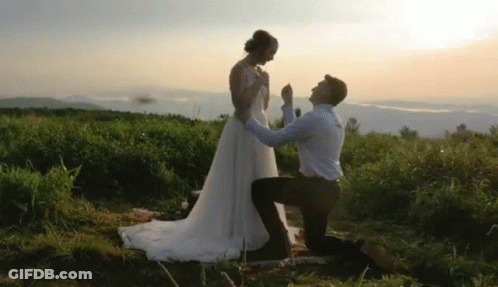 A Man Is Kneeling Down In Front Of A Bride In A Wedding Dress In A Field . GIF