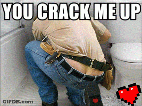 A Man Is Kneeling Down In Front Of A Toilet With The Words " You Crack Me Up " Written Above Him GIF