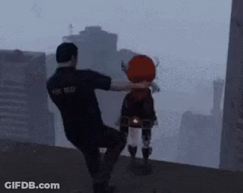 A Man Is Kneeling Down Next To A Doll On A Ledge In A Video Game . GIF