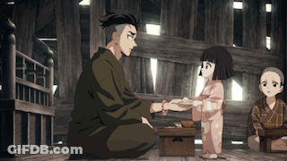 A Man Is Kneeling Down Next To A Little Girl In A Kimono And Holding Her Hand . GIF