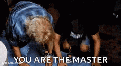 A Man Is Kneeling Down With The Words " You Are The Master " Written On The Bottom GIF