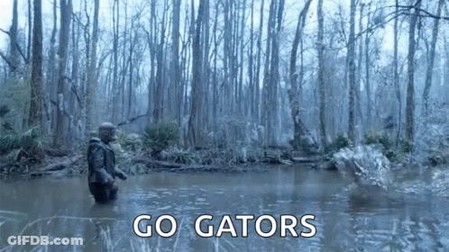 A Man Is Kneeling In A Swamp With The Words Go Gators Written On The Bottom GIF
