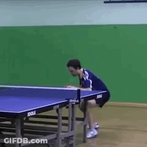 A Man Is Kneeling On A Ping Pong Table . GIF